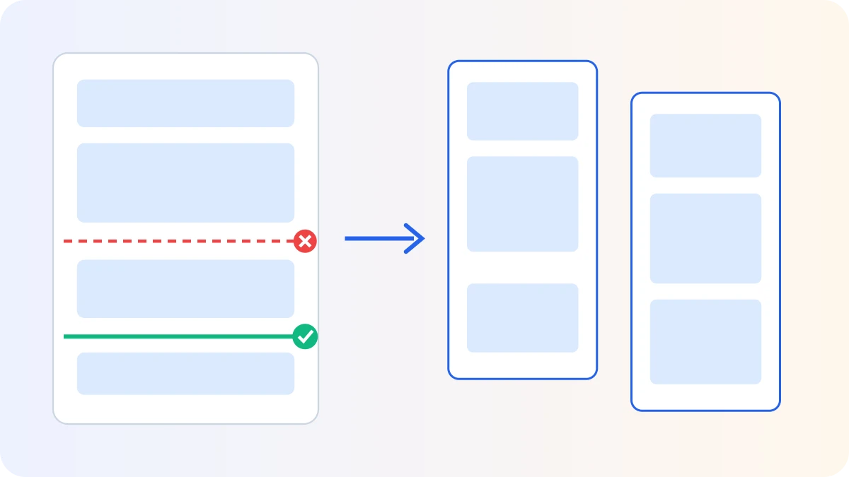A rejected boundary through dense content and a selected lower-detail boundary producing clean A4 pages.