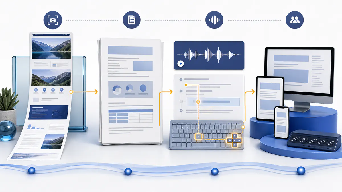 Accessible delivery workflow from visual capture to structured text, audio support, keyboard navigation, and multiple devices.