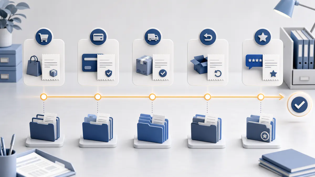 Receipt records progressing through purchase, payment, delivery, return, and review stages in an organized timeline.
