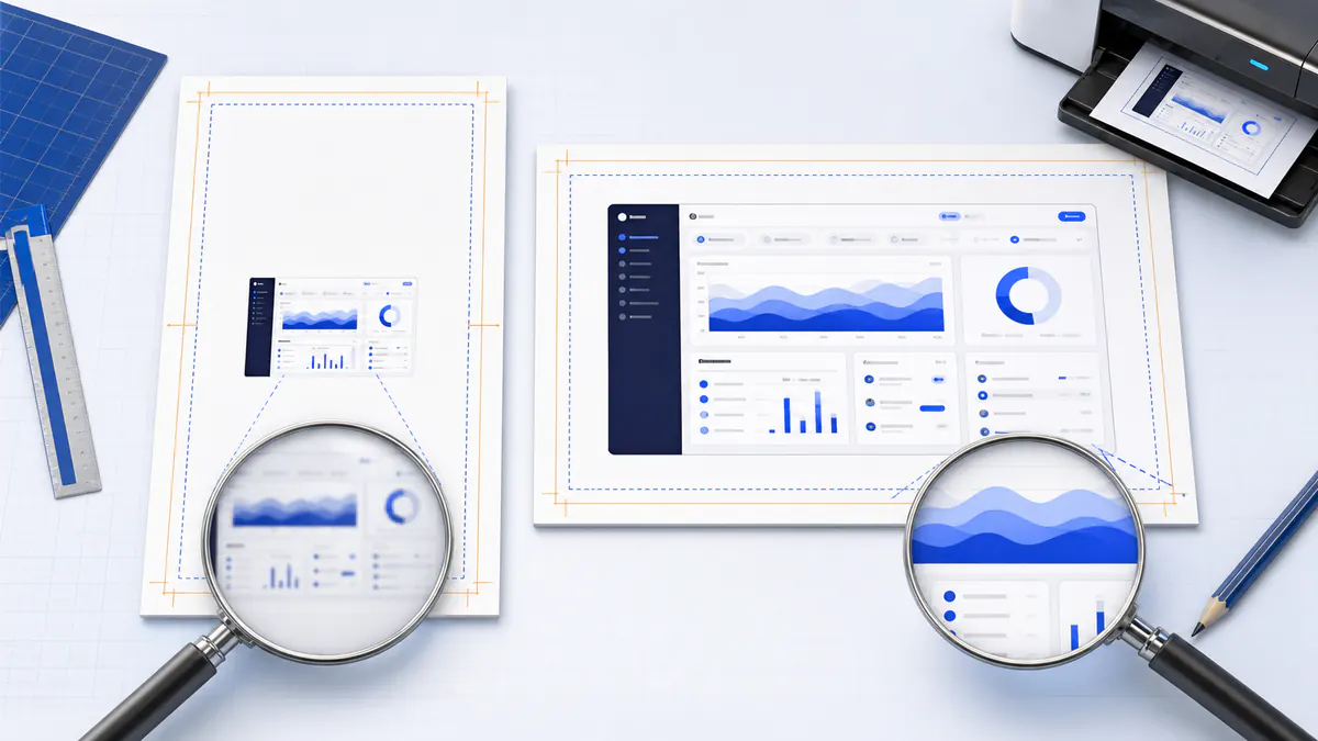 Comparison of an undersized screenshot on a portrait page and a comfortably scaled screenshot on a landscape page.