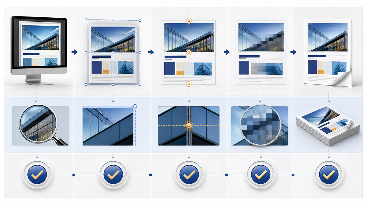 Quality acceptance workflow checking capture boundaries, stitching seams, sharpness, privacy, and final PDF output.