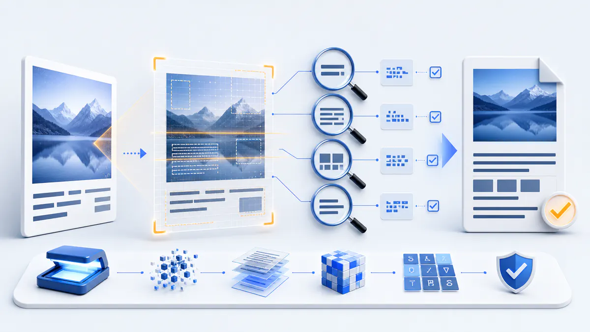 OCR validation workflow aligning a text layer with the source image and checking sampled regions before approval.