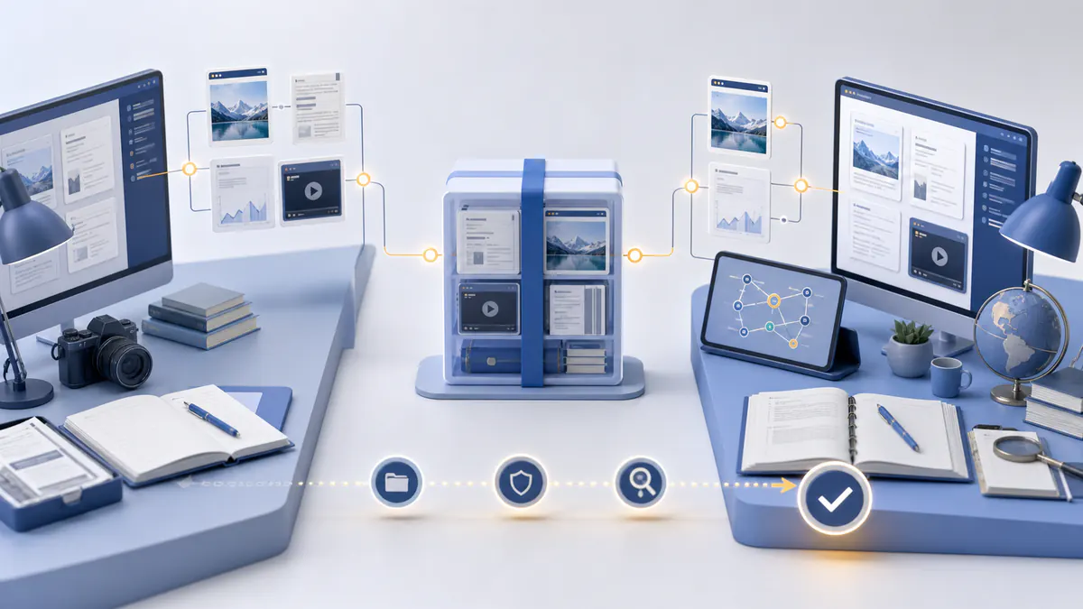 Research archive handoff from collected web sources through a packaged record to independent verification.