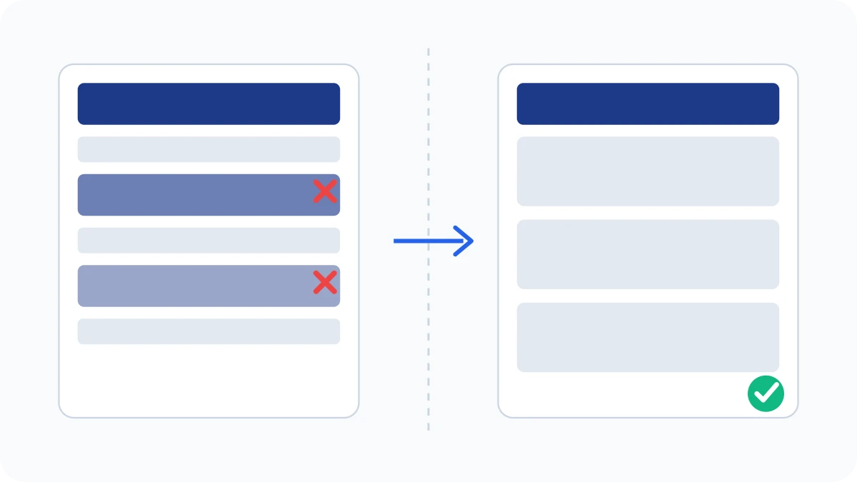 Repeated floating elements on the left and the single retained header after suppression on the right.