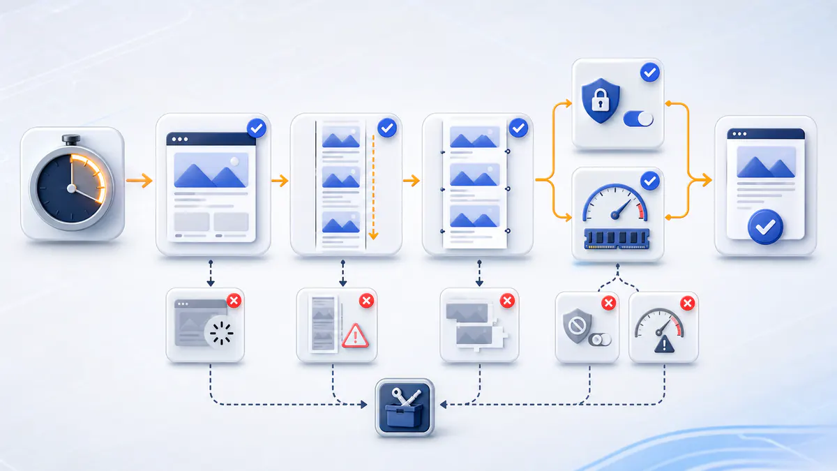 Diagnostic path checking page rendering, scrolling, stitching, permissions, memory, and final output.